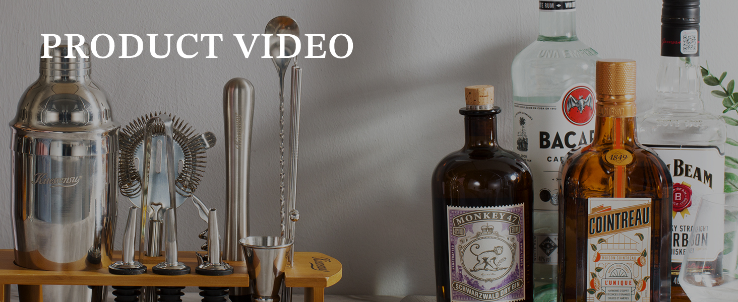 KITESSENSU Cocktail Shaker Set Bartender Kit with Stand | Bar Set Drink Mixer Set with All Essential Accessory Tools: Martini Shaker, Jigger, Strainer, Mixer Spoon, Muddler, Liquor Pourers |Silver