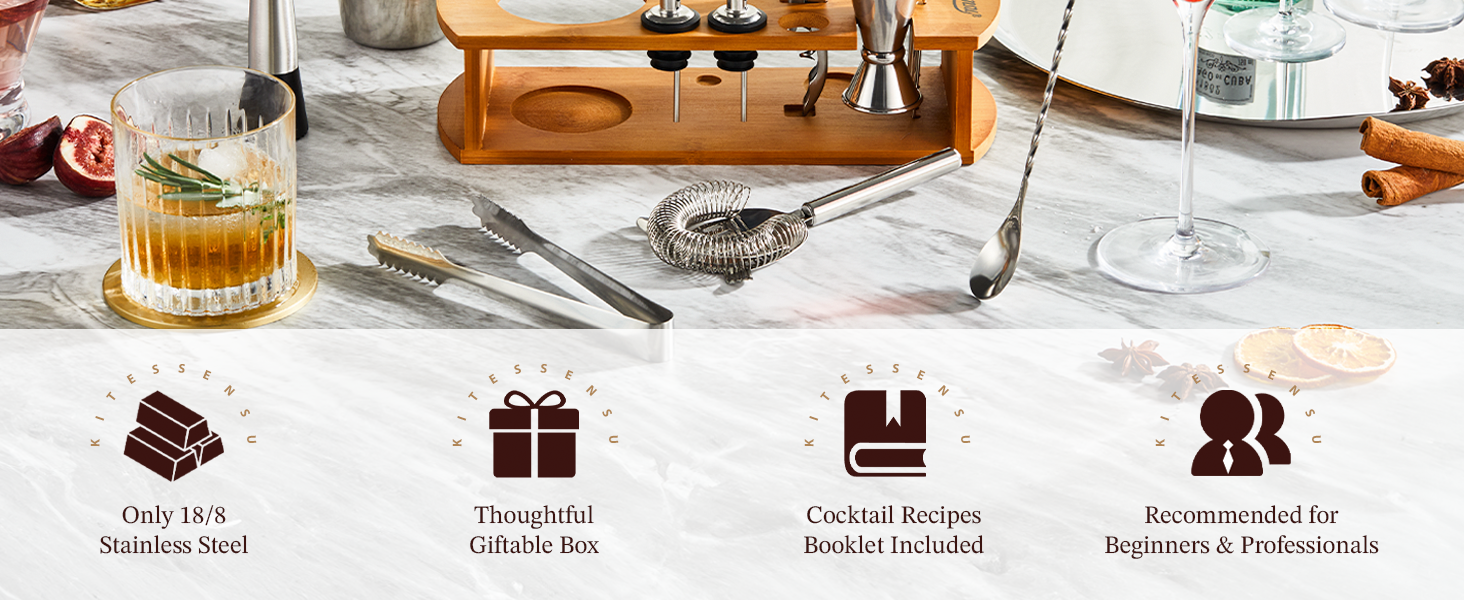 KITESSENSU Cocktail Shaker Set Bartender Kit with Stand | Bar Set Drink Mixer Set with All Essential Accessory Tools: Martini Shaker, Jigger, Strainer, Mixer Spoon, Muddler, Liquor Pourers |Silver