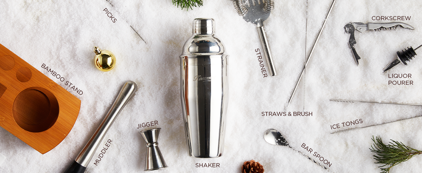KITESSENSU Cocktail Shaker Set Bartender Kit with Stand | Bar Set Drink Mixer Set with All Essential Accessory Tools: Martini Shaker, Jigger, Strainer, Mixer Spoon, Muddler, Liquor Pourers |Silver