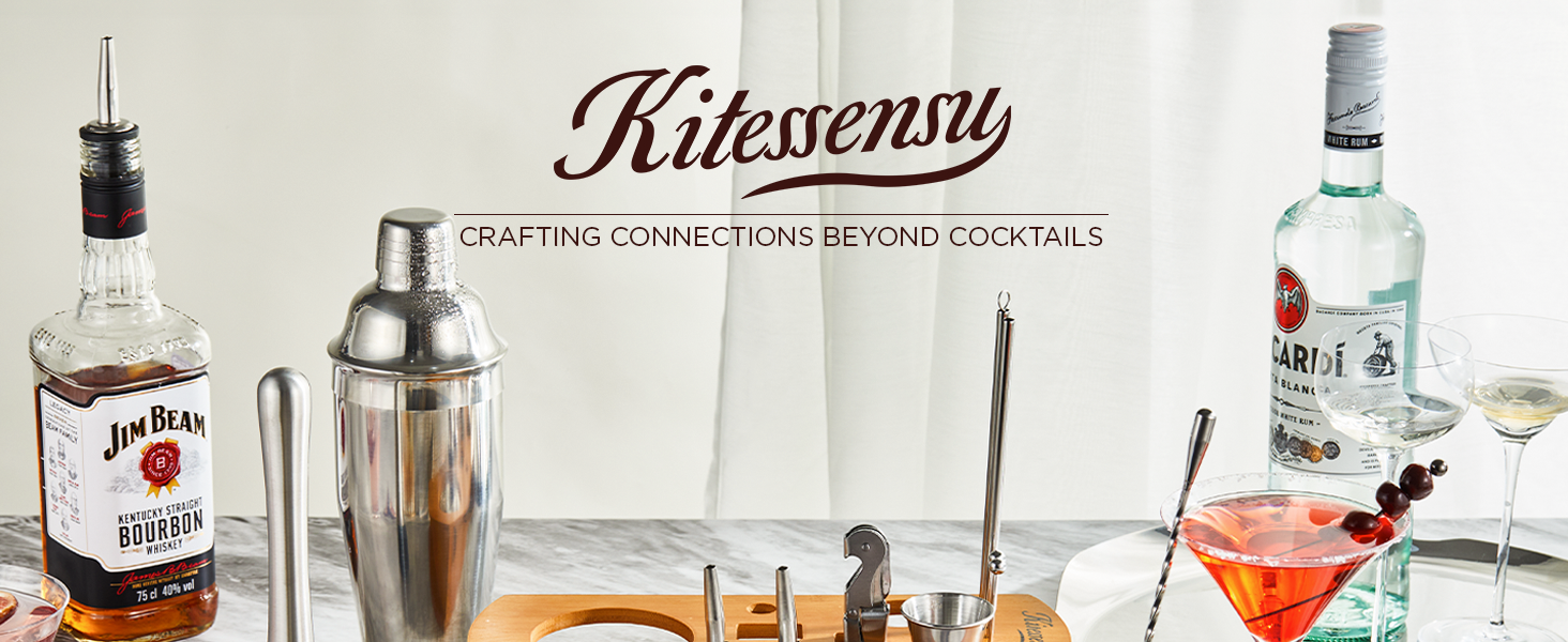 KITESSENSU Cocktail Shaker Set Bartender Kit with Stand | Bar Set Drink Mixer Set with All Essential Accessory Tools: Martini Shaker, Jigger, Strainer, Mixer Spoon, Muddler, Liquor Pourers |Silver