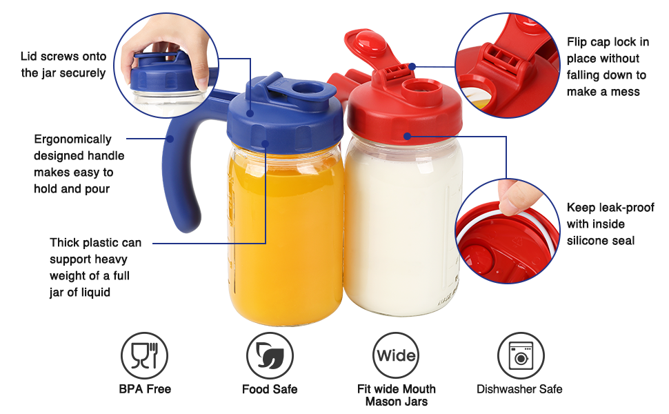 2 Pack Wide Mouth Mason Jar Lids with Handle, Airtight & Leak-proof Seal, Easy Pouring Spout, Turns your Mason Jar into Pitcher, Silicone Seal Gasket, Jars not included
