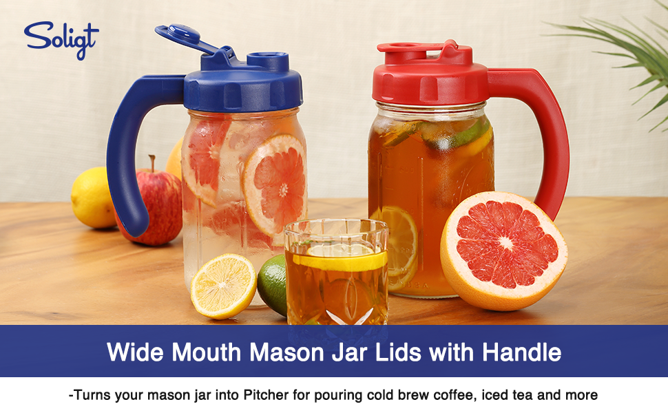 2 Pack Wide Mouth Mason Jar Lids with Handle, Airtight & Leak-proof Seal, Easy Pouring Spout, Turns your Mason Jar into Pitcher, Silicone Seal Gasket, Jars not included