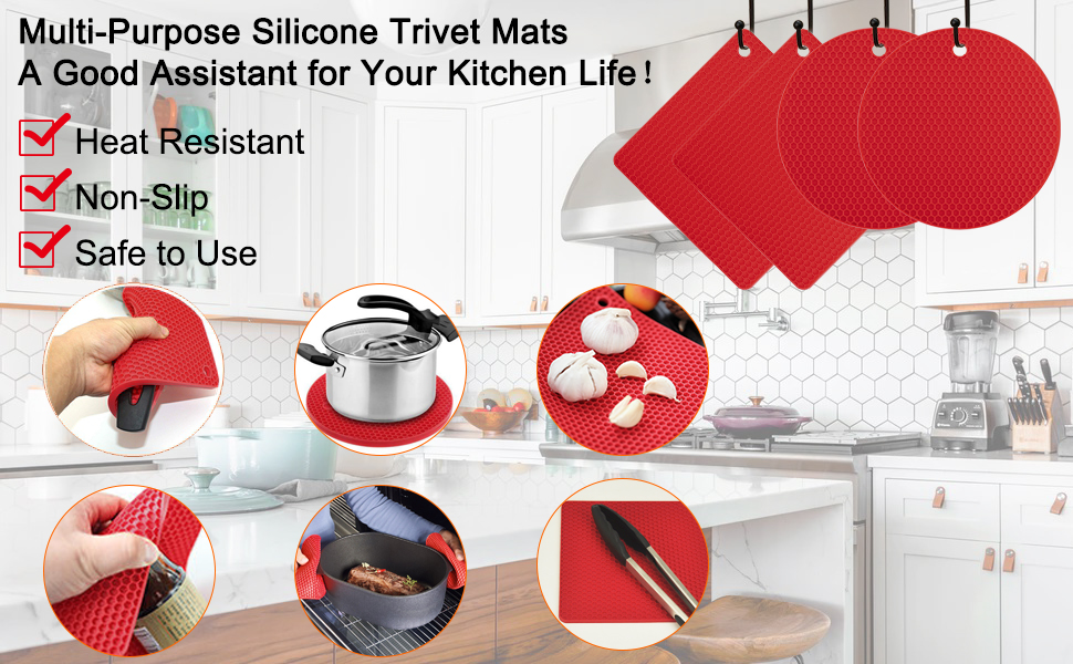 Silicone Trivets for Hot Pots and Pans, 4PCS Flexible Multipurpose Hot Pads Pot Holders, Heat Resistant Trivet Mats for Hot Dishes, Soft Non-Slip Silicone Mat for Kitchen Counter(Red)