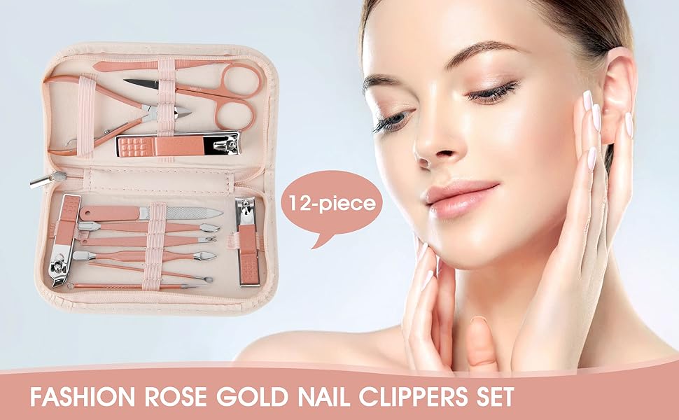 Nail Clippers and Beauty Tool Portable Set Manicure Set 12 in 1, with Pink Leather Bag, Suitable for Home, Workplace, Outdoor Travel, Gift Giving, Salon