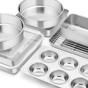 E-far Stainless Steel Baking Pan Set, 9-Piece Bakeware Sets for Cake Cookie Loaf Muffin, Include Round, Square, Rectangle Baking Sheet Pan with Lid & Cooling Rack, Dishwasher Safe