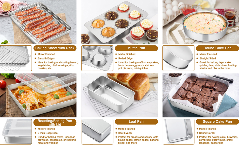 E-far Stainless Steel Baking Pan Set, 9-Piece Bakeware Sets for Cake Cookie Loaf Muffin, Include Round, Square, Rectangle Baking Sheet Pan with Lid & Cooling Rack, Dishwasher Safe
