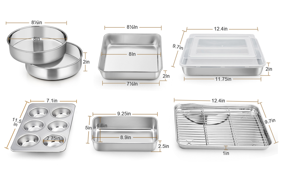 E-far Stainless Steel Baking Pan Set, 9-Piece Bakeware Sets for Cake Cookie Loaf Muffin, Include Round, Square, Rectangle Baking Sheet Pan with Lid & Cooling Rack, Dishwasher Safe