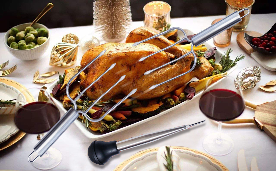 Stainless Steel Turkey Baster and Poultry Lifters fork Set of 2. Food grade stainless steel and BPA-Free Silicone. Dishwasher-Safe