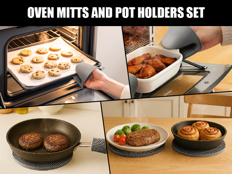 Rorecay 6pcs Oven Mitts and Pot Holders Sets for Kitchen, Extra Long Silicone Oven Gloves High Heat Resistant 500 Degrees Non-Slip Potholders Hot Pads for Baking Cooking, Grey