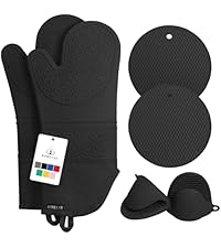 Rorecay 6pcs Oven Mitts and Pot Holders Sets for Kitchen, Extra Long Silicone Oven Gloves High Heat Resistant 500 Degrees Non-Slip Potholders Hot Pads for Baking Cooking, Grey