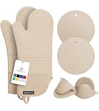 Rorecay 6pcs Oven Mitts and Pot Holders Sets for Kitchen, Extra Long Silicone Oven Gloves High Heat Resistant 500 Degrees Non-Slip Potholders Hot Pads for Baking Cooking, Grey