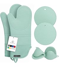 Rorecay 6pcs Oven Mitts and Pot Holders Sets for Kitchen, Extra Long Silicone Oven Gloves High Heat Resistant 500 Degrees Non-Slip Potholders Hot Pads for Baking Cooking, Grey