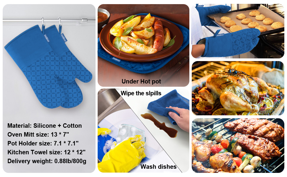 KEGOUU Oven Mitts and Pot Holders 6pcs Set, Kitchen Oven Glove High Heat Resistant 500 Degree Extra Long Oven Mitts and Potholder with Non-Slip Silicone Surface for Cooking (Royal Blue)
