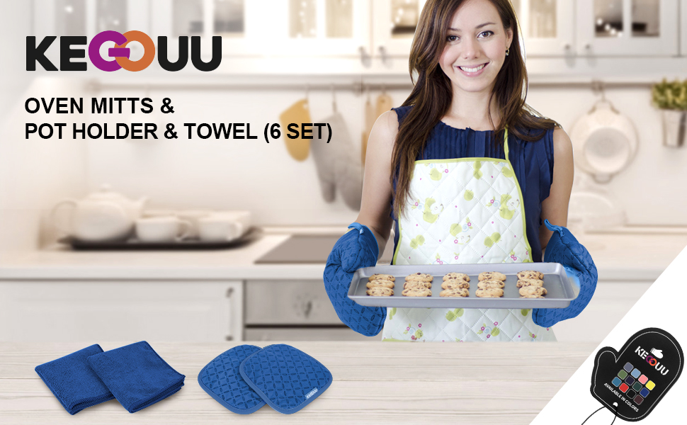 KEGOUU Oven Mitts and Pot Holders 6pcs Set, Kitchen Oven Glove High Heat Resistant 500 Degree Extra Long Oven Mitts and Potholder with Non-Slip Silicone Surface for Cooking (Royal Blue)