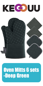 KEGOUU Oven Mitts and Pot Holders 6pcs Set, Kitchen Oven Glove High Heat Resistant 500 Degree Extra Long Oven Mitts and Potholder with Non-Slip Silicone Surface for Cooking (Lake Blue)