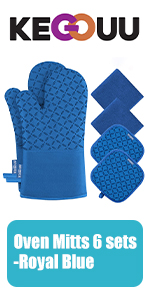 KEGOUU Oven Mitts and Pot Holders 6pcs Set, Kitchen Oven Glove High Heat Resistant 500 Degree Extra Long Oven Mitts and Potholder with Non-Slip Silicone Surface for Cooking (Lake Blue)