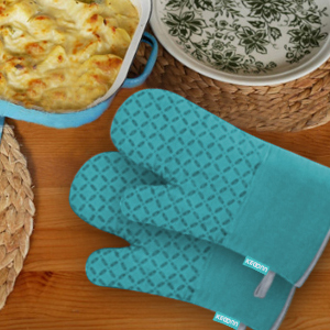 KEGOUU Oven Mitts and Pot Holders 6pcs Set, Kitchen Oven Glove High Heat Resistant 500 Degree Extra Long Oven Mitts and Potholder with Non-Slip Silicone Surface for Cooking (Lake Blue)