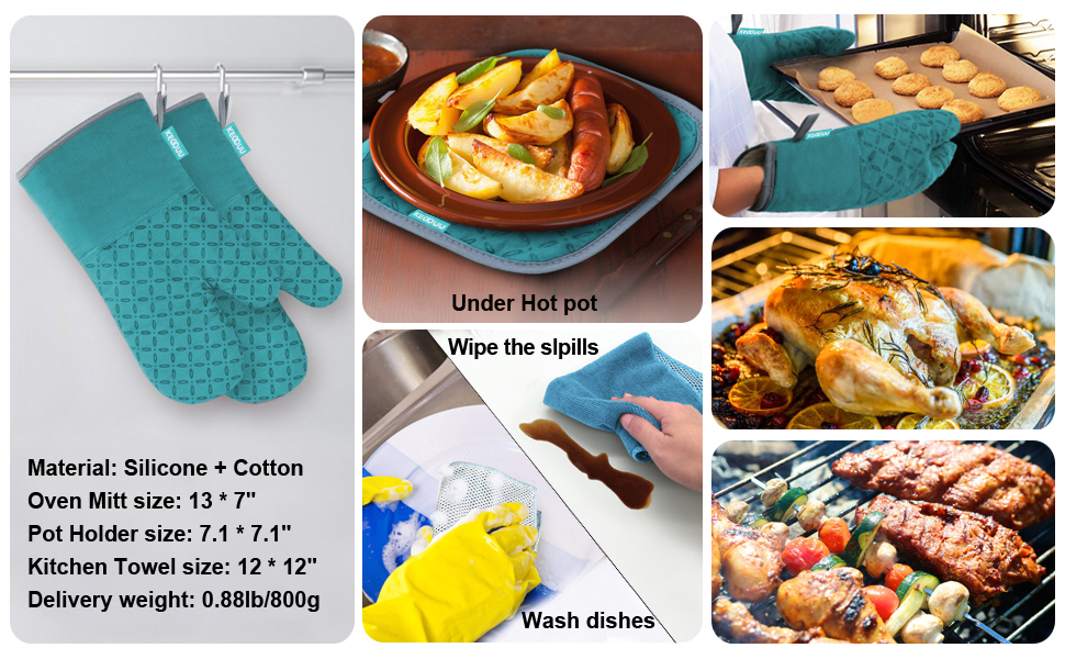 KEGOUU Oven Mitts and Pot Holders 6pcs Set, Kitchen Oven Glove High Heat Resistant 500 Degree Extra Long Oven Mitts and Potholder with Non-Slip Silicone Surface for Cooking (Lake Blue)