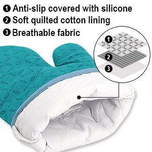 KEGOUU Oven Mitts and Pot Holders 6pcs Set, Kitchen Oven Glove High Heat Resistant 500 Degree Extra Long Oven Mitts and Potholder with Non-Slip Silicone Surface for Cooking (Lake Blue)