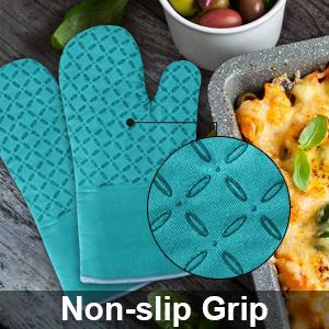 KEGOUU Oven Mitts and Pot Holders 6pcs Set, Kitchen Oven Glove High Heat Resistant 500 Degree Extra Long Oven Mitts and Potholder with Non-Slip Silicone Surface for Cooking (Lake Blue)