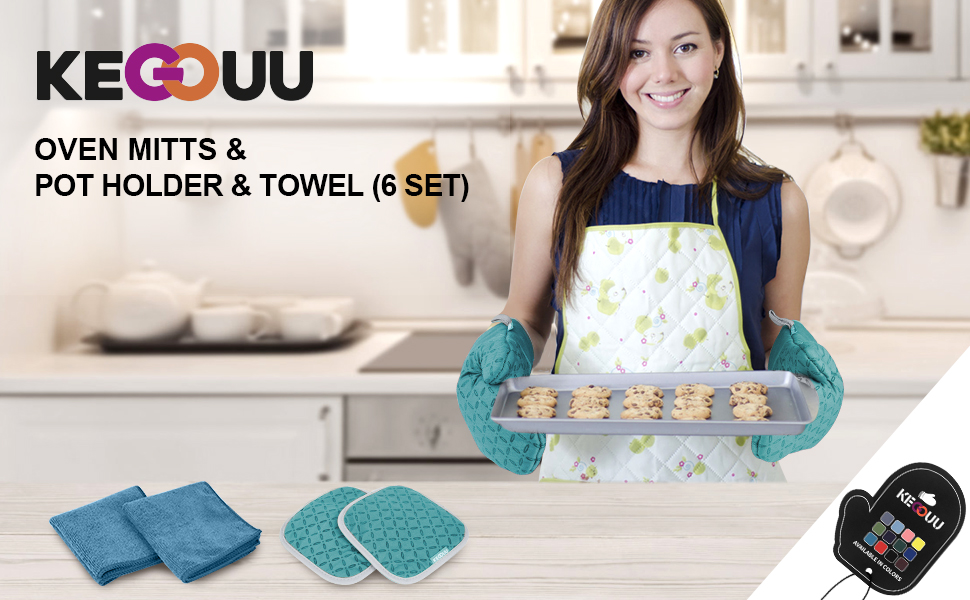 KEGOUU Oven Mitts and Pot Holders 6pcs Set, Kitchen Oven Glove High Heat Resistant 500 Degree Extra Long Oven Mitts and Potholder with Non-Slip Silicone Surface for Cooking (Lake Blue)