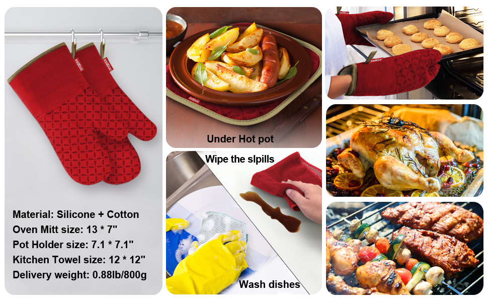 KEGOUU Oven Mitts and Pot Holders 6pcs Set, Kitchen Oven Glove High Heat Resistant 500 Degree Extra Long Oven Mitts and Potholder with Non-Slip Silicone Surface for Cooking (Red)