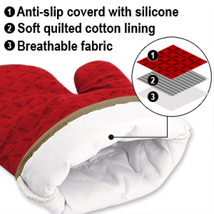 KEGOUU Oven Mitts and Pot Holders 6pcs Set, Kitchen Oven Glove High Heat Resistant 500 Degree Extra Long Oven Mitts and Potholder with Non-Slip Silicone Surface for Cooking (Red)