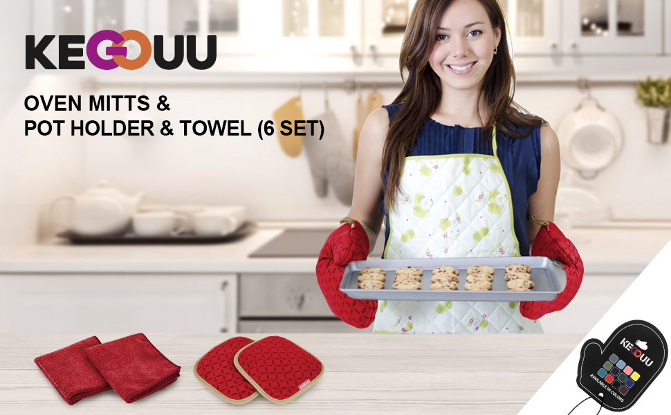 KEGOUU Oven Mitts and Pot Holders 6pcs Set, Kitchen Oven Glove High Heat Resistant 500 Degree Extra Long Oven Mitts and Potholder with Non-Slip Silicone Surface for Cooking (Red)