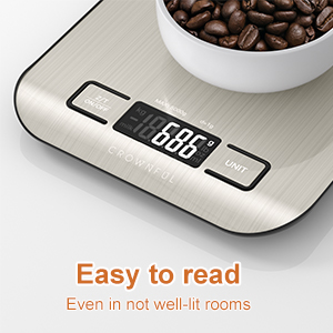 CROWNFUL Food Scale, 11 lb Digital Kitchen Scales with Built-in Coin Battery, Weight Ounces and Grams for Cooking and Baking, 6 Units with Tare Function, LCD Display, 304 Stainless Steel