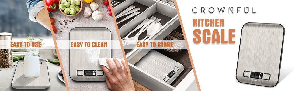 CROWNFUL Food Scale, 11 lb Digital Kitchen Scales with Built-in Coin Battery, Weight Ounces and Grams for Cooking and Baking, 6 Units with Tare Function, LCD Display, 304 Stainless Steel