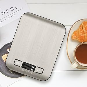 CROWNFUL Food Scale, 11 lb Digital Kitchen Scales with Built-in Coin Battery, Weight Ounces and Grams for Cooking and Baking, 6 Units with Tare Function, LCD Display, 304 Stainless Steel