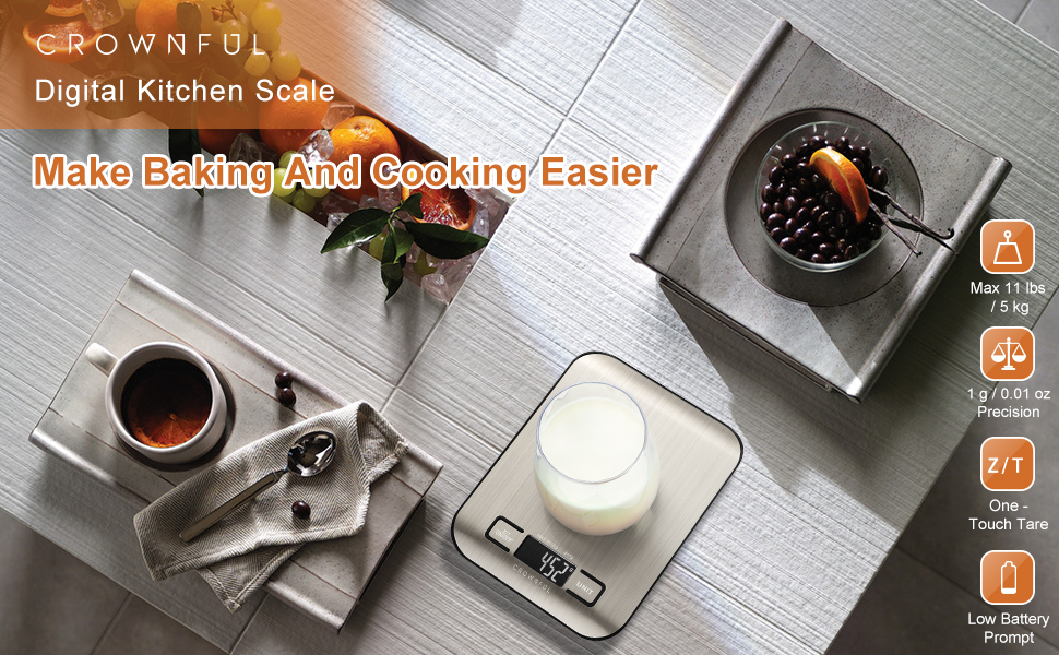 CROWNFUL Food Scale, 11 lb Digital Kitchen Scales with Built-in Coin Battery, Weight Ounces and Grams for Cooking and Baking, 6 Units with Tare Function, LCD Display, 304 Stainless Steel