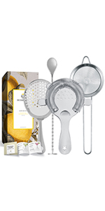 Homestia Cocktail Strainer Set, 5 Piece Gold Stainless Steel Bar Tools - Hawthorne Julep Strainer, Fine Mesh Strainer, Jigger and Spoon for Bartender Professional Drink Mixing Kit