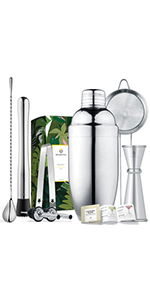 Homestia Cocktail Strainer Set, 5 Piece Gold Stainless Steel Bar Tools - Hawthorne Julep Strainer, Fine Mesh Strainer, Jigger and Spoon for Bartender Professional Drink Mixing Kit