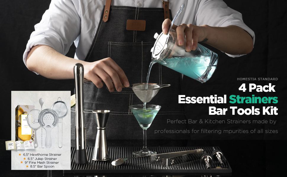 Homestia Cocktail Strainer Set, 5 Piece Gold Stainless Steel Bar Tools - Hawthorne Julep Strainer, Fine Mesh Strainer, Jigger and Spoon for Bartender Professional Drink Mixing Kit