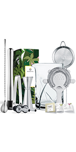 Homestia Cocktail Strainer Set, 5 Piece Gold Stainless Steel Bar Tools - Hawthorne Julep Strainer, Fine Mesh Strainer, Jigger and Spoon for Bartender Professional Drink Mixing Kit