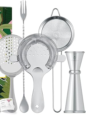 Homestia Cocktail Strainer Set, 5 Piece Gold Stainless Steel Bar Tools - Hawthorne Julep Strainer, Fine Mesh Strainer, Jigger and Spoon for Bartender Professional Drink Mixing Kit