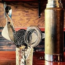 Homestia Cocktail Strainer Set, 5 Piece Gold Stainless Steel Bar Tools - Hawthorne Julep Strainer, Fine Mesh Strainer, Jigger and Spoon for Bartender Professional Drink Mixing Kit