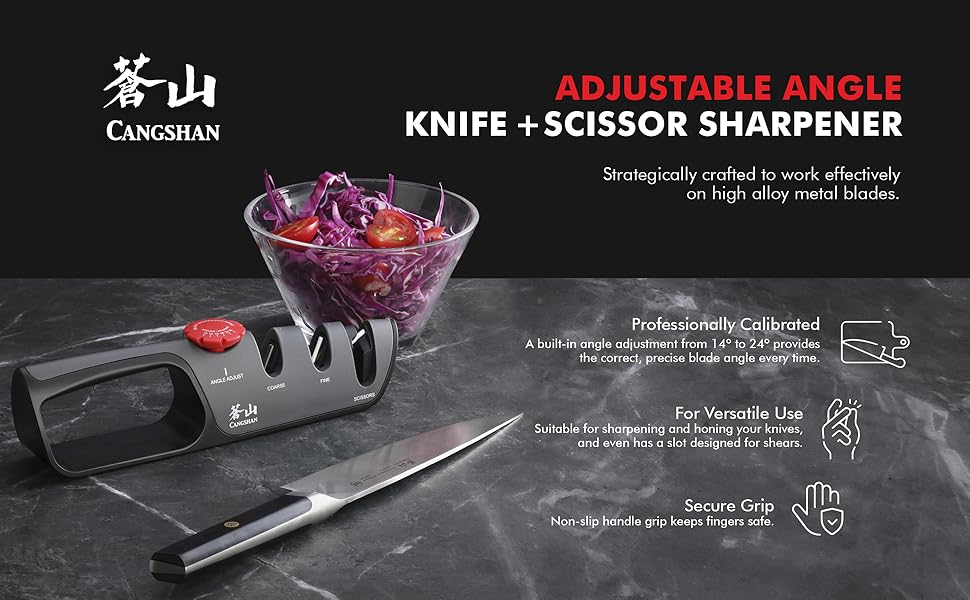 Cangshan 1026108 3-Stage Adjustable 14-24 Degree Professional Knife + Scissor Sharpener Black