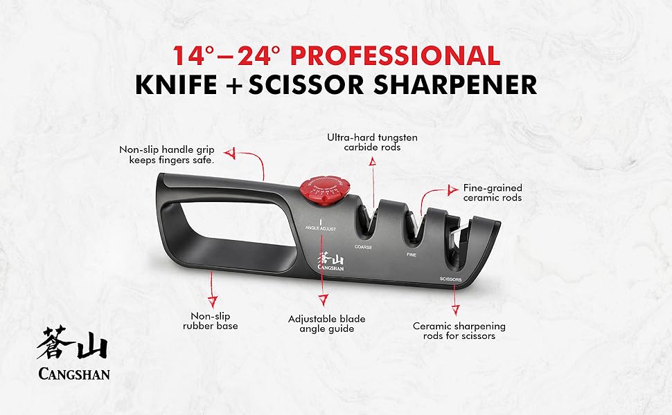 Cangshan 1026108 3-Stage Adjustable 14-24 Degree Professional Knife + Scissor Sharpener Black