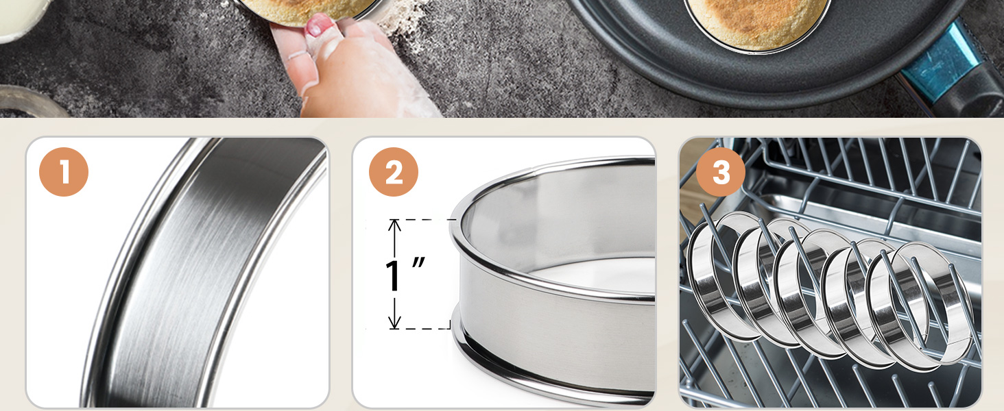 FANGSUN 4 Inch English Muffin Rings, Stainless Steel Crumpet Rings, Tart Rings for Baking, Double Rolled Nonstick Round Cake Ring, Metal Pastry Ring Mold for Dessert Food Making Tool