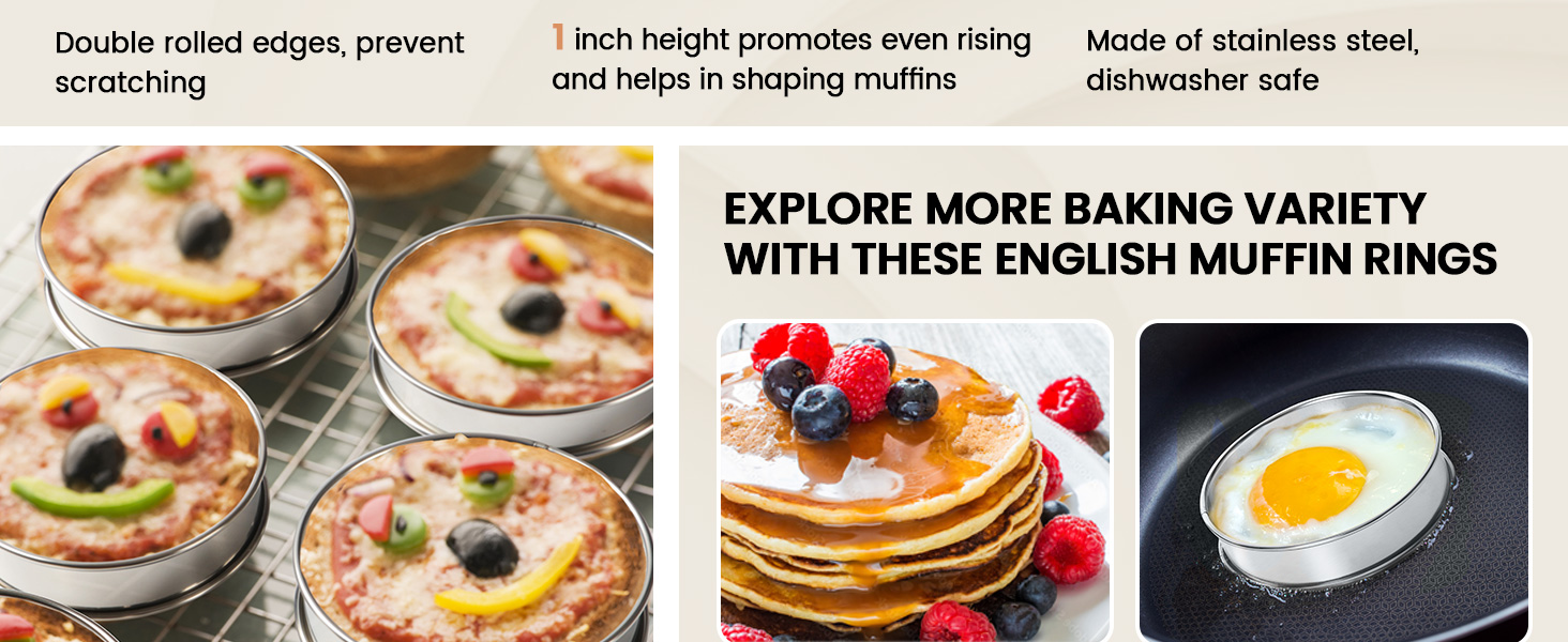 FANGSUN 4 Inch English Muffin Rings, Stainless Steel Crumpet Rings, Tart Rings for Baking, Double Rolled Nonstick Round Cake Ring, Metal Pastry Ring Mold for Dessert Food Making Tool