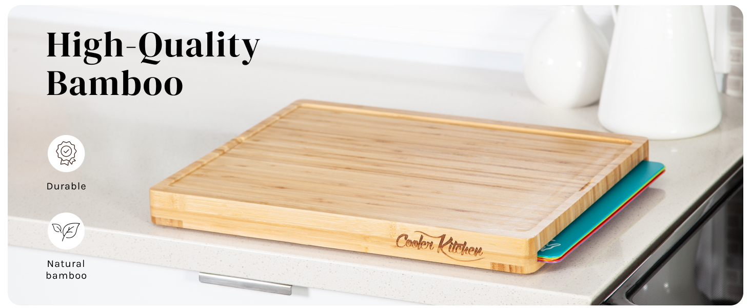 Cooler Kitchen Wooden Cutting Boards for Kitchen with 6 Flexible Plastic Mats - Meal Prep and Serving, Easy Clean Bamboo Cutting Board and Dishwasher Safe Plastic - Large Wood Cutting Board Set
