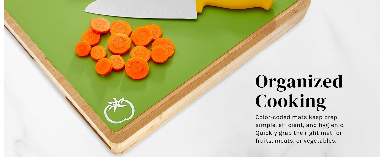 Cooler Kitchen Wooden Cutting Boards for Kitchen with 6 Flexible Plastic Mats - Meal Prep and Serving, Easy Clean Bamboo Cutting Board and Dishwasher Safe Plastic - Large Wood Cutting Board Set