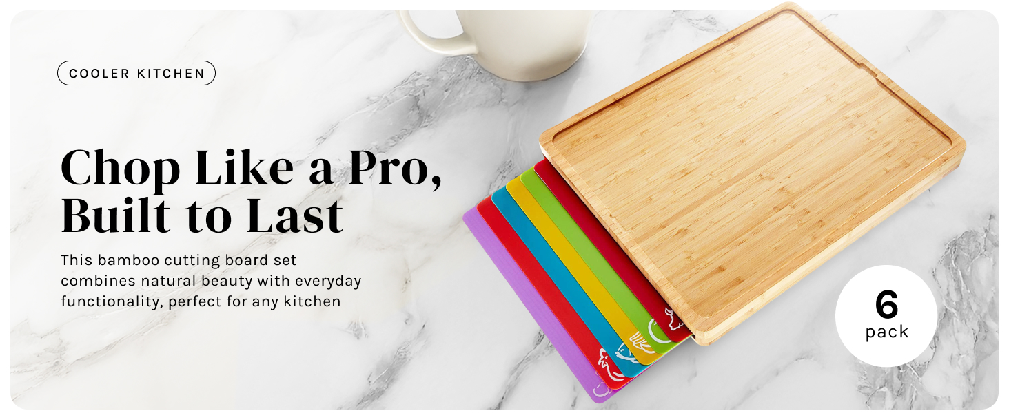 Cooler Kitchen Wooden Cutting Boards for Kitchen with 6 Flexible Plastic Mats - Meal Prep and Serving, Easy Clean Bamboo Cutting Board and Dishwasher Safe Plastic - Large Wood Cutting Board Set