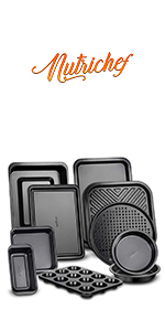 NutriChef 10-Piece Nonstick Bakeware Set - Heavy Duty Carbon Steel Baking Trays w/Silicone Handles - Includes Cookie Sheets, 12-Cup Muffin Pan, Pizza & Loaf Pan, Round & Square Pans - Easy to Clean