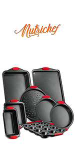 NutriChef 10-Piece Nonstick Bakeware Set - Heavy Duty Carbon Steel Baking Trays w/Silicone Handles - Includes Cookie Sheets, 12-Cup Muffin Pan, Pizza & Loaf Pan, Round & Square Pans - Easy to Clean