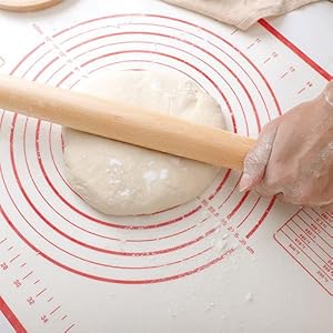 Wood French Rolling Pin for Baking, QUELLANCE Wooden Dough Roller with Silicone Baking Mat, Beech Wood Rolling Pins for Baking Dough, Pizza, Pie, Pastries, Pasta and Cookies,Red Pastry Mat