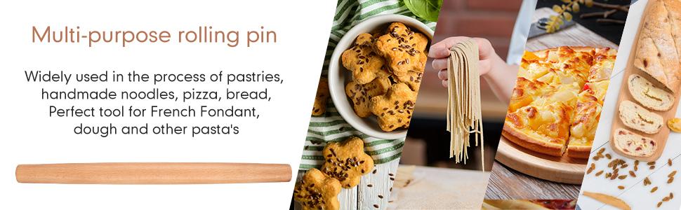 Wood French Rolling Pin for Baking, QUELLANCE Wooden Dough Roller with Silicone Baking Mat, Beech Wood Rolling Pins for Baking Dough, Pizza, Pie, Pastries, Pasta and Cookies,Red Pastry Mat