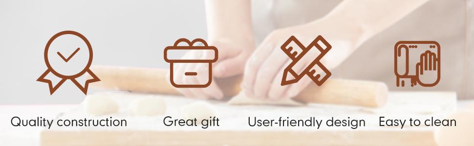 Wood French Rolling Pin for Baking, QUELLANCE Wooden Dough Roller with Silicone Baking Mat, Beech Wood Rolling Pins for Baking Dough, Pizza, Pie, Pastries, Pasta and Cookies,Red Pastry Mat